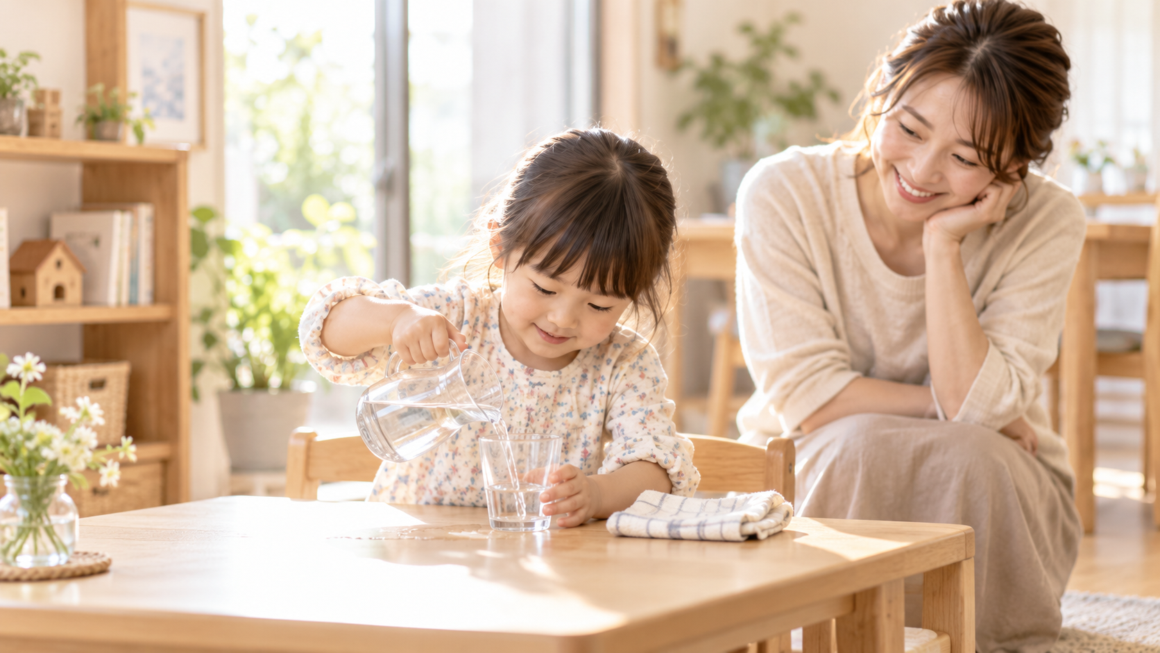 子どもが自分で水を注ぎ、親が見守る様子