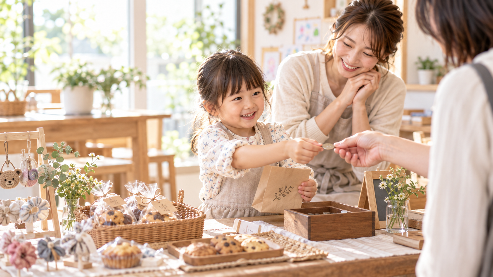 子どもが自分で作ったものを販売し価値と対価を学ぶ様子