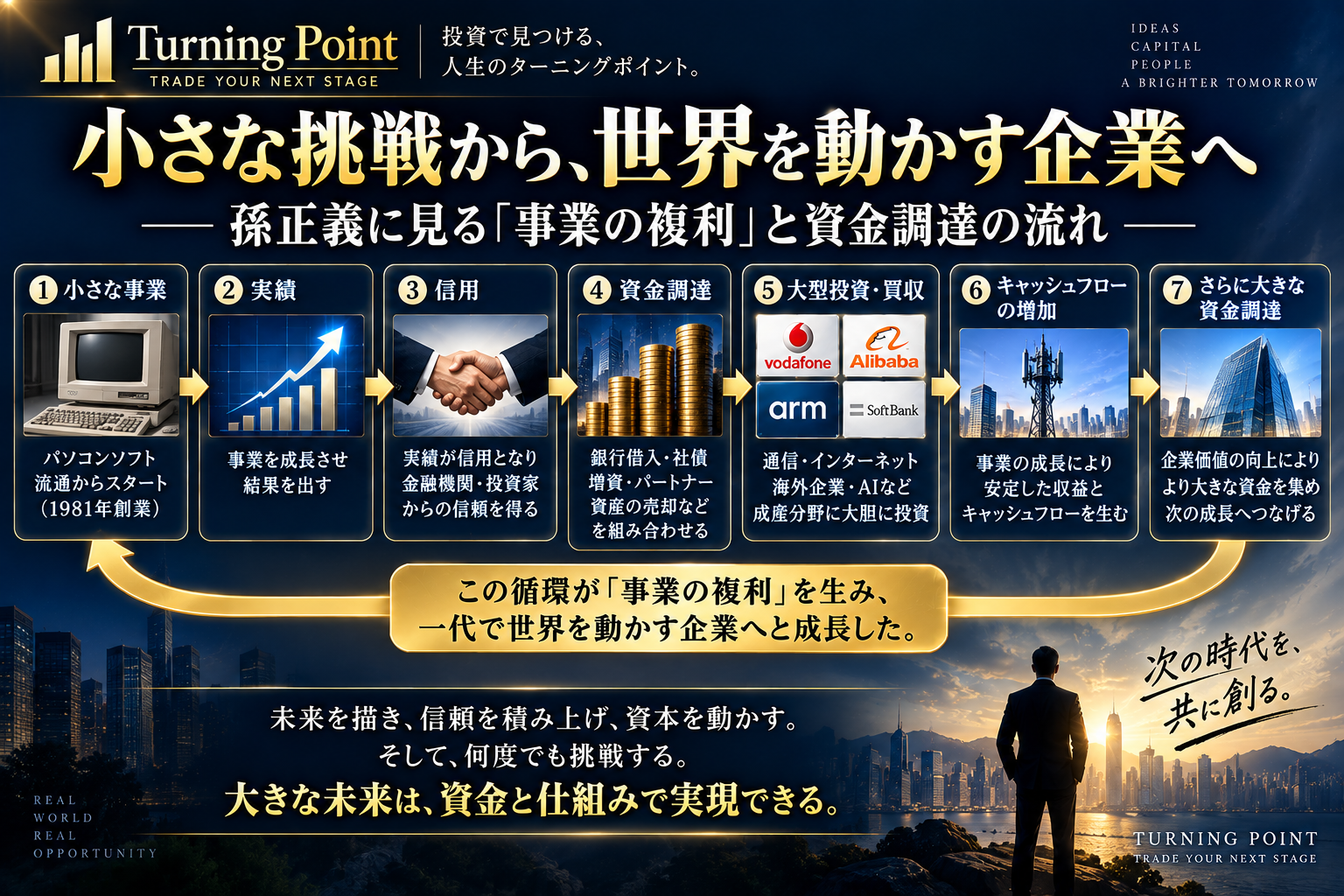 ソフトバンクの資金調達と事業の複利を説明した図