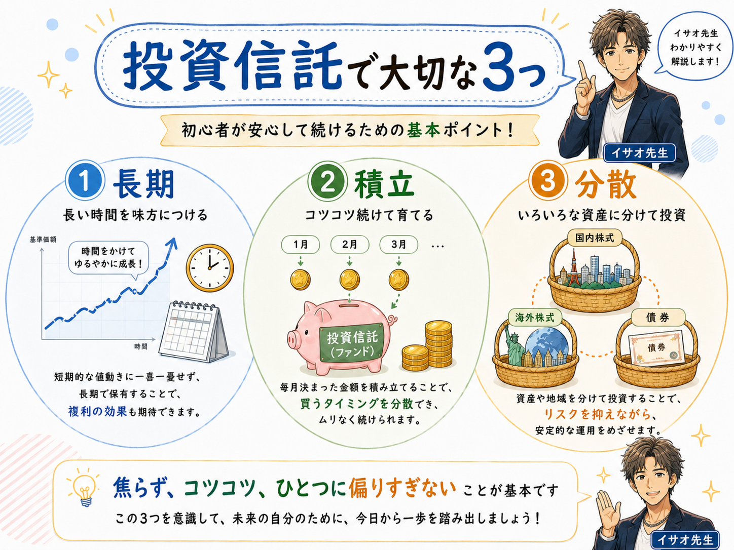 投資信託の仕組みを説明するイサオ先生の図解